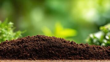 A mound of rich, dark soil ready for planting, set against a vibrant green backdrop of lush vegetation. photo