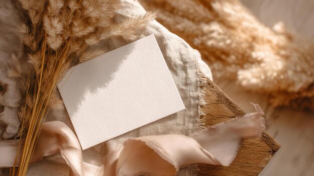 Elegant stationery mockup with natural elements, featuring a blank card, ribbon, and dried plants in a warm, inviting setting. photo