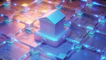 Conceptual 3D render of a financial institution connected to a blockchain network, illustrating the intersection of traditional banking and modern technology. video