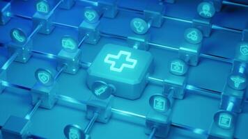 An abstract representation of blockchain technology applied to healthcare, featuring interconnected blocks with medical icons in a cool blue tone. video