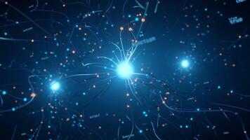 Futuristic AI brain with glowing neural network lines and digital data nodes on a dark blue background video