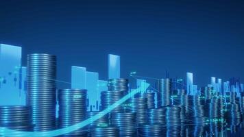 A financial background shows stacks of coins, a rising and falling arrow, and a stock chart, suggesting market trends. Camera pans forward, video