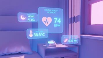 AI-powered smart home monitoring health data, including sleep quality, heart rate, body temperature, and medication reminders, displayed on a digital health monitor. video