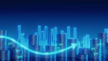A financial background showing upward and downward arrows with panning movement suitable for representing market trends or investment strategies. Stacked coins and charts. video