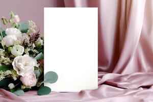 Floral arrangement with a blank white card, set against luxurious draped fabric and soft lighting photo