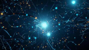 Glowing AI brain with complex neural connections, camera rotating around digital data network in 3D video