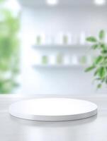 White pedestal in a bright room, inviting natural setting, and focus on clean, minimalist design photo
