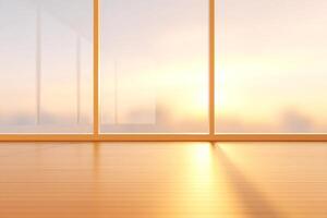 Sunlight streams through a large window, illuminating a clean, minimalist room with hardwood floors photo