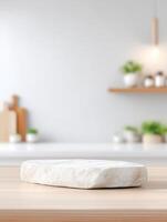 Stone platform with modern kitchen background, creating a stylish and inviting showcase space photo