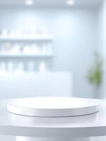 Minimalist display stand on clean white surface in bright, modern setting for product presentation photo