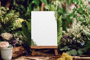 An easel with a blank paper canvas sits surrounded by flowers and greenery on a wooden surface photo