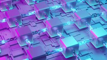 3D blockchain cubes linked with chains, camera rotating around central node in a futuristic digital network video