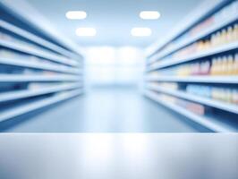 Aisle view of grocery store shelving, highlighting product arrangement and retail environment photo