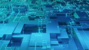 A futuristic technology background with blue, cyan colors featuring geometric shapes and glowing lights, perfect for digital displays, futuristic interfaces video
