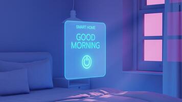 A hand touches a UI button labeled 'Good Morning' in a smart home, triggering the automatic opening of curtains using AI technology video