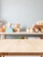 Wood Table Top in Nursery Setting, A clean, bright space with neutral tones and blurred toys photo