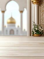 Elegant interior showcases a wooden surface with a blurred religious building background, ideal for displays photo