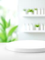 White product display platform against a bright window, minimalist interior with plants on shelves photo
