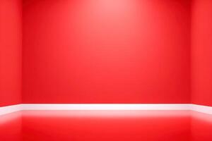 A vibrant red studio corner with light, featuring a white baseboard, creating a minimalist design photo