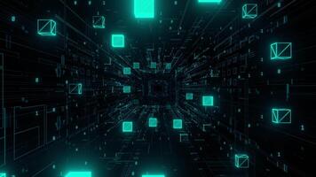 Futuristic blockchain background with glowing cubes and binary code. The scene creates a digital tunnel effect, conveying a sense of technological advancement. video