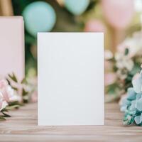 zBlank card centerpiece on a wooden table for invitations, greetings, or creative design displays photo