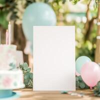 Celebration scene with blank card, cake, and balloons, ideal for announcements or invitations photo