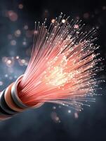 Fiber optic cable glowing, transmitting data, high speed network connection with bokeh lights photo