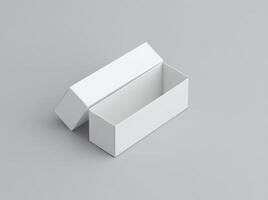 Elevated, high-angle shot of an open, rectangular, white box with clean edges, positioned on a solid grey surface, suggesting minimalist design. photo
