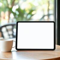 Digital tablet with white screen on a table next to a white mug. Casual and comfortable photo