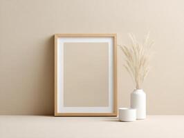 A minimalistic arrangement with a wooden picture frame, white vases, and dried pampas grass against a neutral, beige backdrop. photo
