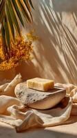 Natural soap bar displayed on stone with floral and botanical elements, warm lighting, and a beige color palette. Minimalist spa aesthetic. photo