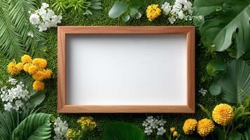Wooden frame with white center amidst lush green foliage and bright flowers. Ideal for showcasing photos or art, nature-themed template.