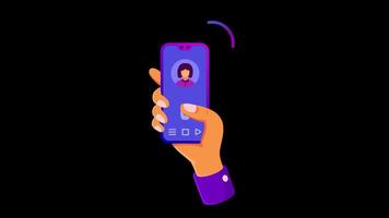 Animated illustration of a hand holding a smartphone during a call, perfect for mobile app promos, communication themes, and tech content video