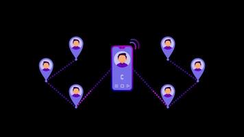 Simple animated male avatar interacting with smartphone and network elements, ideal for showcasing digital communication and user profiles video