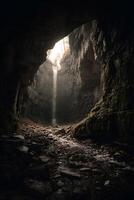 Majestic Waterfall hidden inside Cave Sunlight streams through creating mystical atmosphere Dark photo