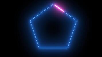 Polygonal frame with glowing neon line. Purple polygon illuminated by 3d render golden luminous line moving along perimeter for design and art. 3D Illustration video