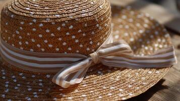 Polka dot straw hat with striped ribbon bow white spots pattern summer beach accessory handwoven natural texture rustic wooden background style photo