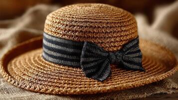 Natural straw hat with black striped ribbon bow on rustic wooden surface summer fashion accessory beach vacation style handmade woven texture photo