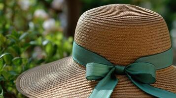 Straw hat with green ribbon bow garden background summer fashion accessory natural woven texture outdoor style sun protection handmade craft photo
