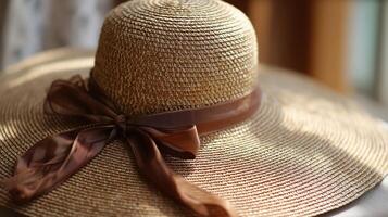 Wide brimmed straw hat with brown silk ribbon bow elegant summer fashion accessory handwoven natural texture indoor style luxury classic photo