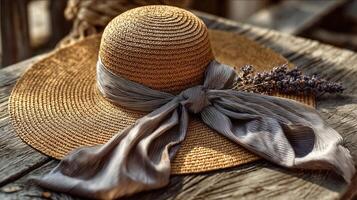 Wide brimmed straw hat with flowing ribbon bow and lavender flowers rustic wooden background summer fashion accessory natural handwoven texture photo