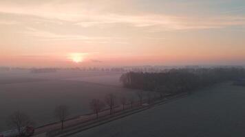 Aerial view of a field with fog and the sun rising video