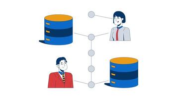 Users securely connected to database servers 2D animation. Data transfer security. Business IT technology exchange animated characters cartoon flat concept metaphor 4K isolated on white video