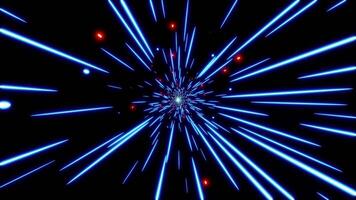 3D animation light speed in space with blue color and red particles video