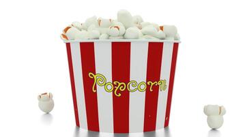 full of popcorn bucket on white background video