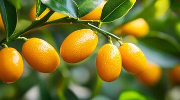 Several Vibrant Kumquats Hanging on Lush Green Branches photo