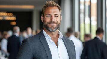 A man with a beard and a suit standing in front of a crowd photo