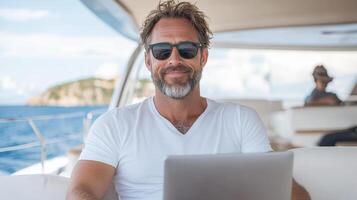A man with sunglasses and a white shirt is sitting on a yacht with a laptop photo