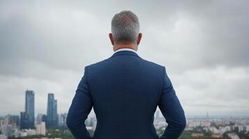 Rear view of businessman looking at cityscape with cloudy sky photo