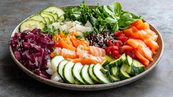 A bowl of sushi with vegetables and salmon photo